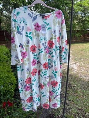 J. Jill Floral Cotton Dress- White with Pink, Red & Green Flowers